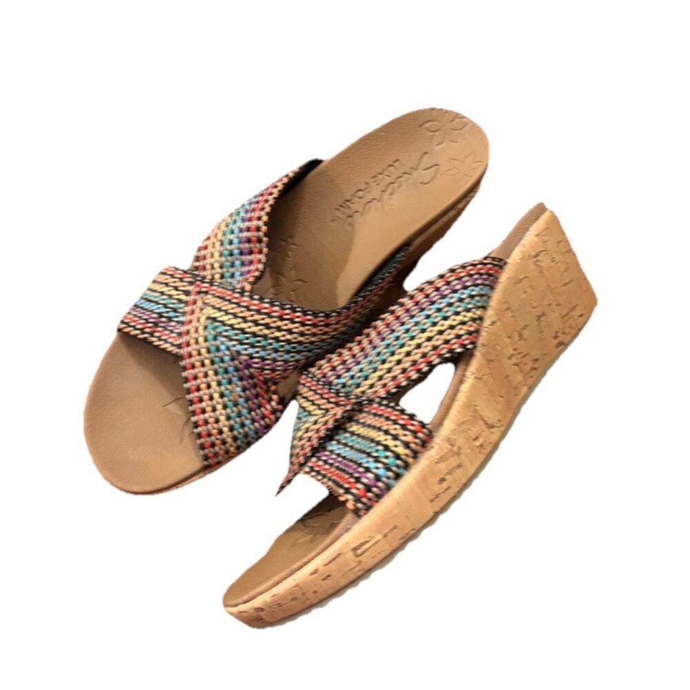 Skechers 38554 Beverlee luxe foam sandals colorful straps cork wedge 8.5